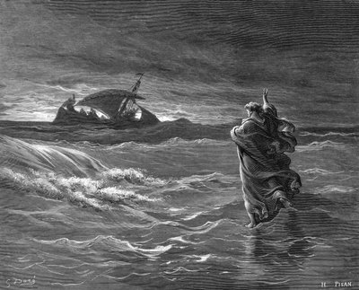 水の上を歩くイエスのエングレーヴィング 作： Gustave Dore