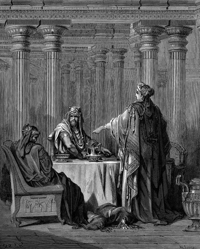 エスター 紀元前 450 年頃、夫のペルシャ王アハシュエロス クセルクセス 1 世の前、1866 年 作： Gustave Dore