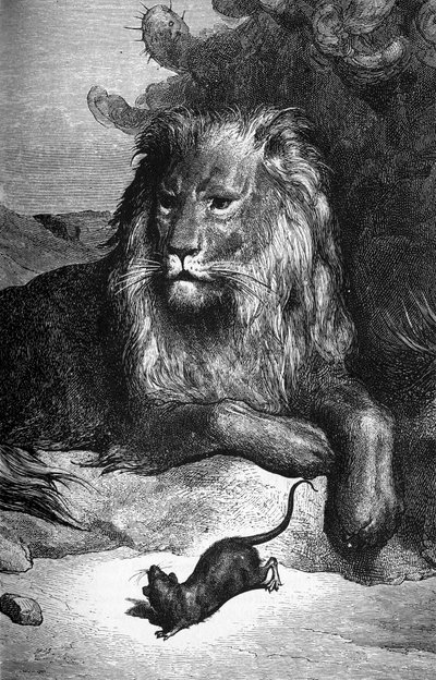 ラ・フォンテーヌの寓話。Gustave Doré（ギュスターヴ・ドレ）の「ライオンとネズミ」。19世紀 作： Gustave Dore