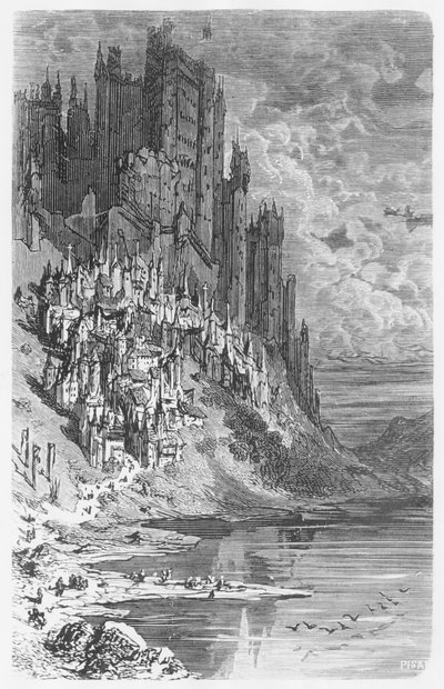 町と城のあるファンタジー風景、オノレドバルザックによる「レコンテドロラティーク」のイラスト（1799〜1850年） 作： Gustave Dore