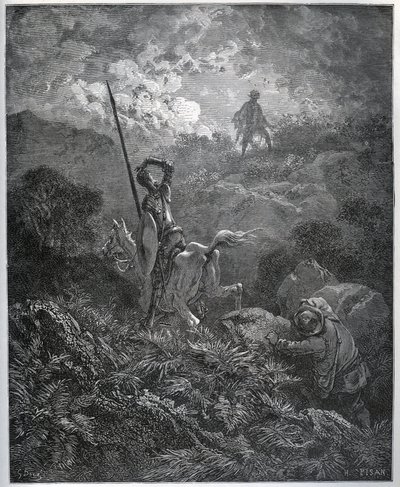 デグエニール・ド・ラ・マレーズ鉱山の最初の出現-ミゲル・セルバンテス（1547-1616）の「ドン・キホーテ・デ・ラ・マンチャ」（ドン・キホーテ）より-ギュスターヴ・ドーアの絵をもとにした木版画 作： Gustave Dore