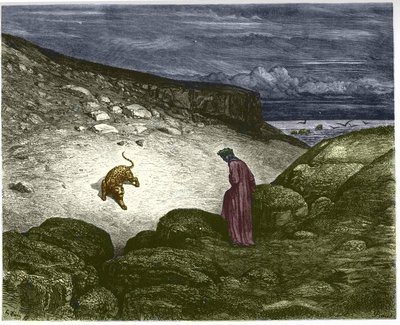 地獄の最初の歌、ヒョウがダンテの通過に反対します。 イラスト：ギュスターヴ・ドレ 作： Gustave Dore