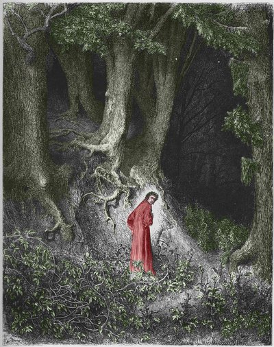 地獄の最初の歌: 詩人ダンテは森の中にいることに気づきます。 イラスト：ギュスターヴ・ドレ 作： Gustave Dore