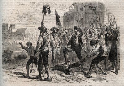 フランス革命。1789年7月14日にパリで行われたフランスの行政官であるブレギー伯爵ジャック・ドゥ・フレセル（1730-1789）の死 - パリの商人たちのプロボストであるジャック・ドゥ・フレセルの死 作： Gustave Dore