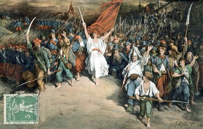 プロシア軍と戦うフランス国民を率いるフランス共和国、ギュスターヴ・ドーレ作（1870年）、絵葉書 作： Gustave Dore
