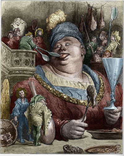 フランスの作家、フランソワ・ラブレー（1494-1553）の小説に登場するキャラクター、ガルガンチュア（Gargantua）。イラストはギュスターヴ・ドーア（1832-1883）。 作： Gustave Dore