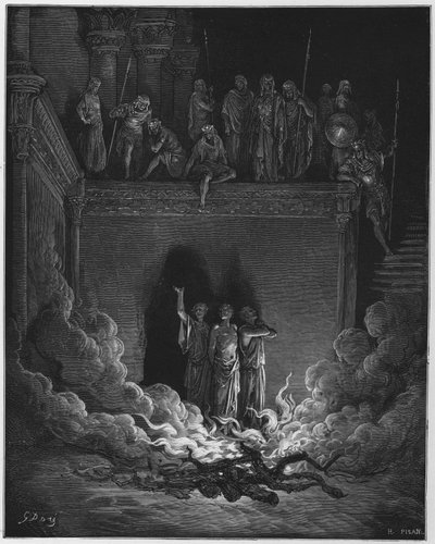 ギュスターヴドレバイブル：炎の炉にいるシャドラハ、メシャッハ、アベドネゴ 作： Gustave Dore