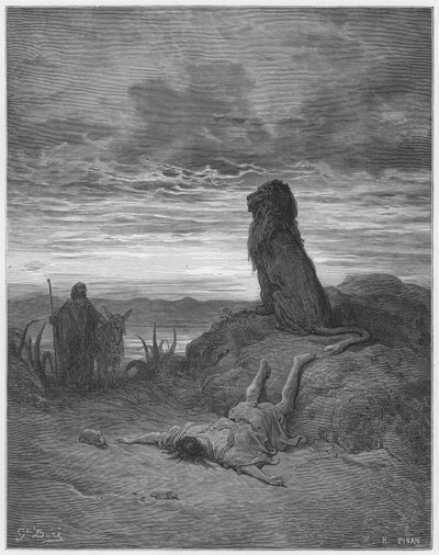 ギュスターヴドール聖書：ライオンに殺された反抗的な預言者 作： Gustave Dore