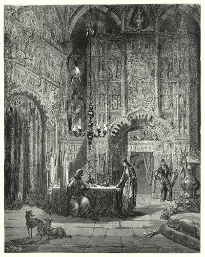 Gustave Dores Don Quixote: "別の乙女が部屋に入ってきて、そこがどんな城か、いかに自分がその城に魅了されているかを彼に伝え始めた"(エングレーヴィング) 作： Gustave Dore