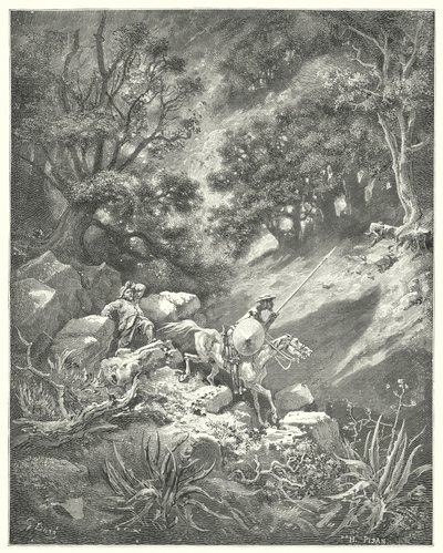 Gustave Dores Don Quixote: "でも、お願いします、先生。" Quoth Sancho, "この岩だらけの荒野で、茂みや荊を乗り越えて、上下にさまよい歩くことが、騎士道の良い掟なのでしょうか？"(エングレービング) 作： Gustave Dore