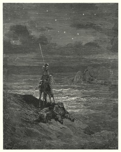 Gustave Dores Don Quixote: "Don Quixote stayed there, waiting the appraoch of the day" (e.g. engraving) 作： Gustave Dore