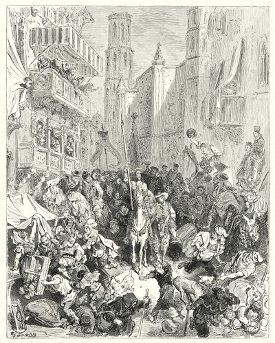 Gustave Dores Don Quixote: "Enclosing him in the middle of their brigade, they conduct him towards the city" (e.g. engraving) 作： Gustave Dore