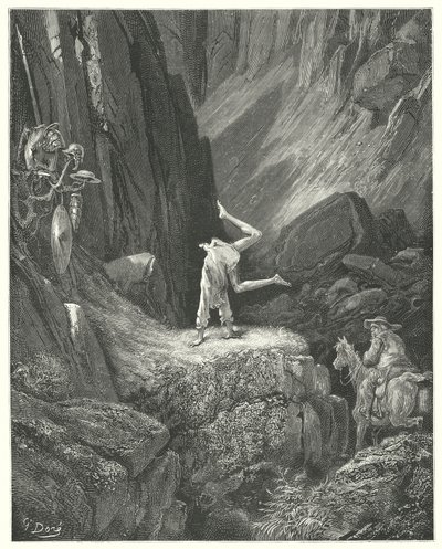 Gustave Dores Don Quixote: "He gave two or three frisks in the air, and then pitching on his hands, heels over his head twice together" (e.g. engraving) 作： Gustave Dore
