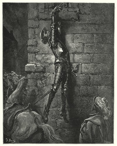 Gustave Dores Don Quixote: "彼の手首がロープにしっかりと固定されていなかったら、彼は必然的に地面に落ちていただろう"(エングレーヴィング) 作： Gustave Dore