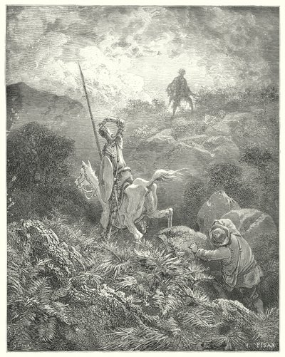 Gustave Dores Don Quixote: "彼は目の前の石の多い岩山の上に、岩から岩へと素晴らしく敏捷に飛び移る男を見つけた" (エングレーヴィング) 作： Gustave Dore