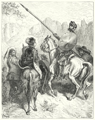 Gustave Dores Don Quixote: "さて、お嬢さん、" ドン・キホーテは言った、 "あなたの偉大さにお願いして、あなたにお仕えするために、私たちがどちらに行かなければならないか教えてください" (エングレーヴィング) 作： Gustave Dore
