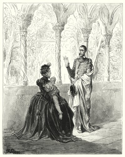 Gustave Dores Don Quixote: "Pray, my Lord Don Quixote, retire, because this poor young creature will not come to herself while you are by" (e.g. engraving) 作： Gustave Dore
