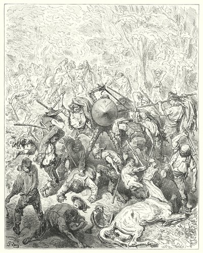 Gustave Dores Don Quixote: "The Yanguesians betooked themselves to their levers and pack-stave" (in engraving) 作： Gustave Dore
