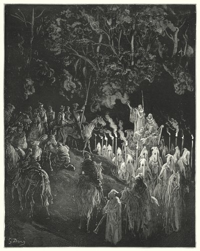 グスタフ・ドーレス ドン・キホーテ：「ガウンを着た人物が立ち上がった」（エングレーヴィング 作： Gustave Dore