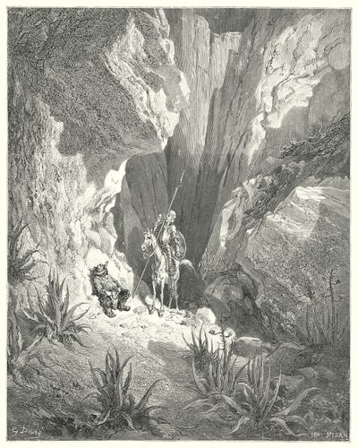 Gustave Dores Don Quixote：「最初に見つけたのはソネットの下書きだったので、彼はそれを声に出して読んだ」（エングレービング 作： Gustave Dore