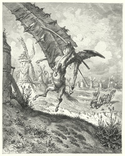 Gustave Dores Don Quixote: "The sail has hurried away both knight and horse along it" (e.g. engraving) 作： Gustave Dore