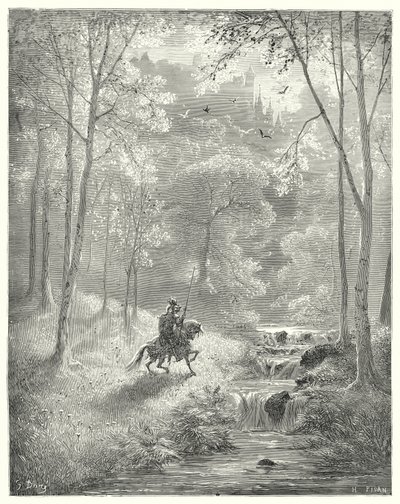 Gustave Dores Don Quixote: "彼には空がより透明に見え、太陽が倍の明るさで輝いているように見える"（エングレーヴィング 作： Gustave Dore