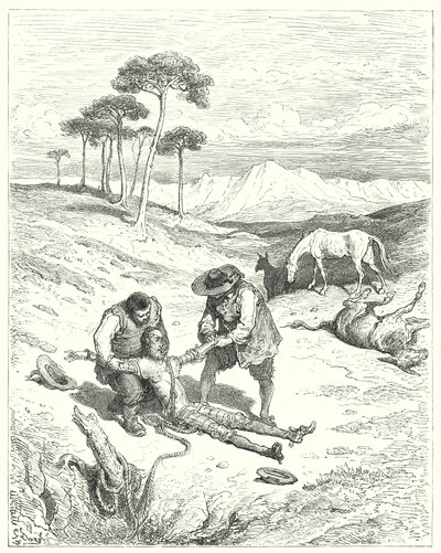 Gustave Dores Don Quixote: "They found that his eyes were closed, as if he had been fast asleep" (e.g. engraving) 作： Gustave Dore