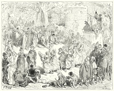 Gustave Dores Don Quixote: "彼らは敬虔な老人と母性的な女性に導かれていた"(彫刻) 作： Gustave Dore