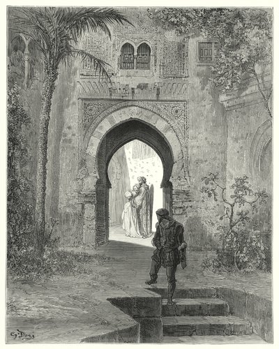 Gustave Dores Don Quixote: "Zoraida, showing trouble in the looks, went away with her father" (e.g. engraving) 作： Gustave Dore