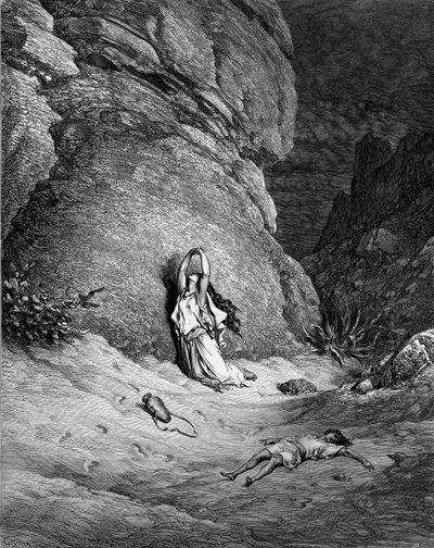 ドレによる彫刻、ハガルとイシュマエル。 -聖書 作： Gustave Dore