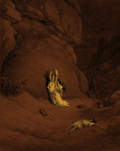 ドレによる彫刻、ハガルとイシュマエル。 -聖書 作： Gustave Dore