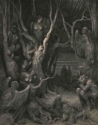 ここでは野獣のハーピーが巣を作っています、c1890。 作： Gustave Dore