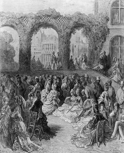 オランダの家-「ロンドン、巡礼」からのガーデンパーティー。 1872 作： Gustave Dore
