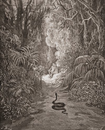挿絵：ギュスターヴ・ドーレ 1832-1883 フランスの画家、挿絵画家 ジョン・ミルトン著『失楽園』第九巻434行と435行 作： Gustave Dore