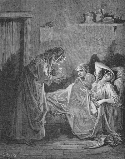 ジャン・ド・ラ・フォンテーヌ作「寓話」の老婦人と二人の僕のためのイラスト（1621-95） 作： Gustave Dore