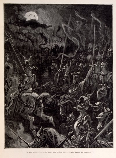 月夜に戦う騎士たちのイラスト。 作： Gustave Dore