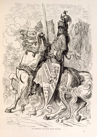 馬に乗ったロランのイラスト（La legende de Croque-Mitaineより）。 作： Gustave Dore