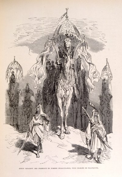 使用人と馬車を連れた東洋のラクダ列車のイラスト。 作： Gustave Dore