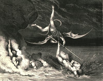 それゆえ彼は追跡し、叫び、汝は捕まった、c1890。 作： Gustave Dore