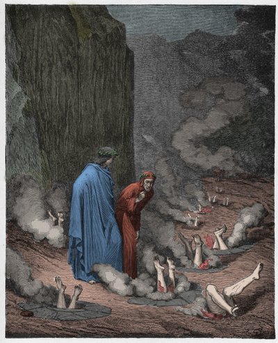 インフェルノ、カント19：ダンテが教皇ニコラス3世を非難 作： Gustave Dore