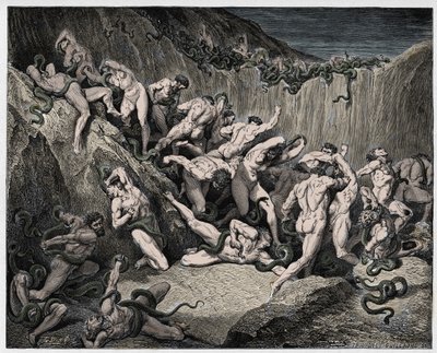 インフェルノ、カント24：蛇に苦しめられた泥棒、ダンテアリギエーリ作「The Divine Comedy」（1885年）のイラスト 作： Gustave Dore