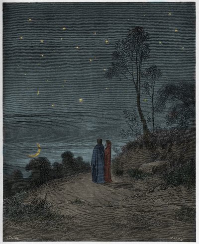 インフェルノ、カント2：1泊目の暗い空、ダンテアリギエーリ作「神の喜劇」（1885年）のイラスト 作： Gustave Dore