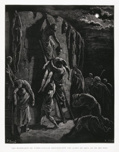 ヤベシュ＝ギレアドの民がサウルとその息子たちの遺体を回収、ドーレ聖書からの挿絵 作： Gustave Dore