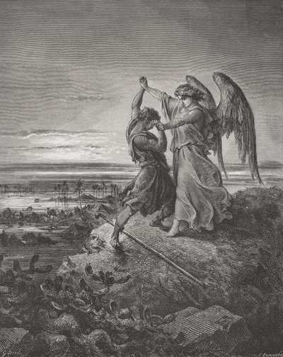 天使とのジェイコブレスリング、創世記32：24-32、ラプランテによって彫られたドールの「聖書」の挿絵、1866 作： Gustave Dore