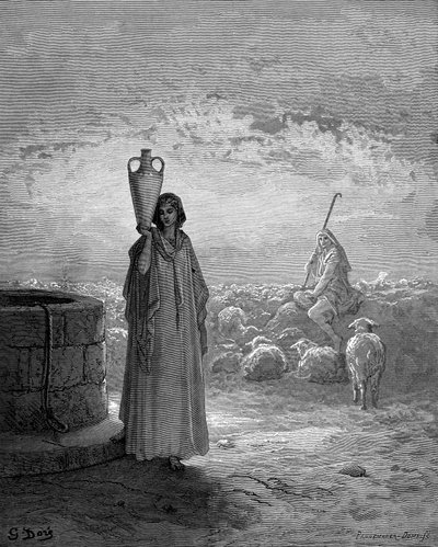 ラバンの羊の群れを飼っているヤコブは、1866年に井戸でレイチェルを見る 作： Gustave Dore