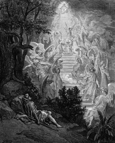 ジェイコブスは、1865-1866年に神が上にいる天国に通じる階段を夢見る 作： Gustave Dore