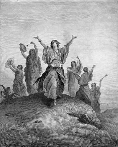 ジェフサの娘イフィスがジェフサに向かって踊る - 聖書 作： Gustave Dore