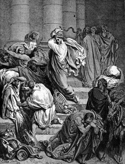 神殿の商人たちを追いかけるイエス・キリスト。ギュスターヴ・ドレのイラスト。 作： Gustave Dore