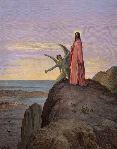 悪魔の誘惑にさらされた砂漠のイエス - キリストの誘惑 - サタンがイエスを誘惑した - ギュスターヴ・ドーアの彫刻 - 後の着色 作： Gustave Dore