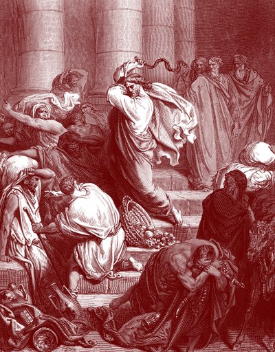 神殿でのイエス、ドレの彫刻。- 聖書 作： Gustave Dore